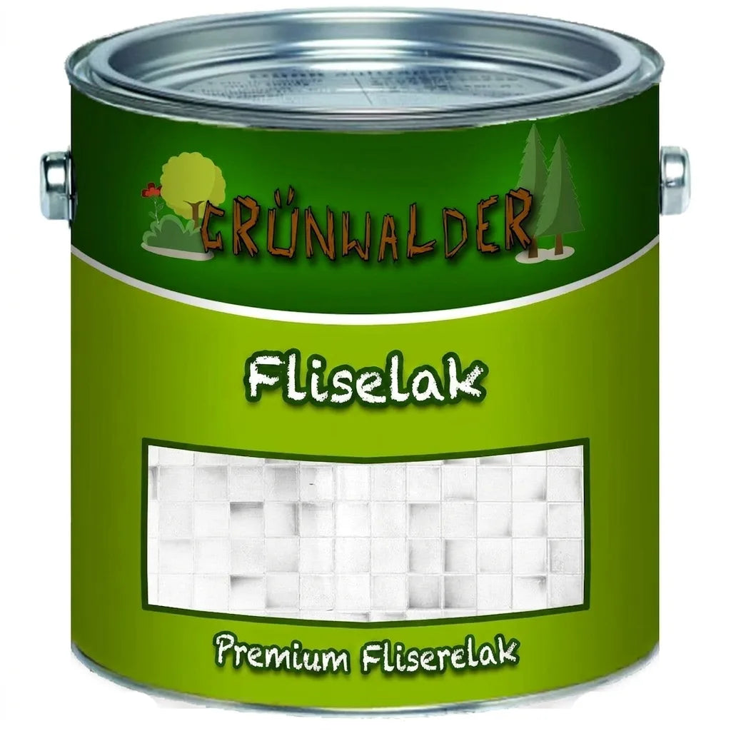 Grünwalder Premium Flisemaling, en grøn dåse med et flise-motiv på etiketten.
