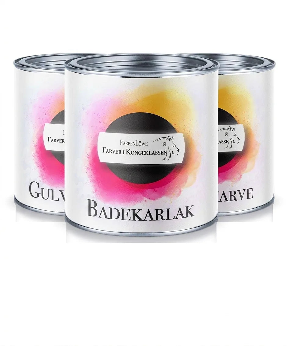 Tre dåser FarbenLöwe badekar lak, mærket 'Farben der Königsklasse'. Kvalitetsmaling til badekar.