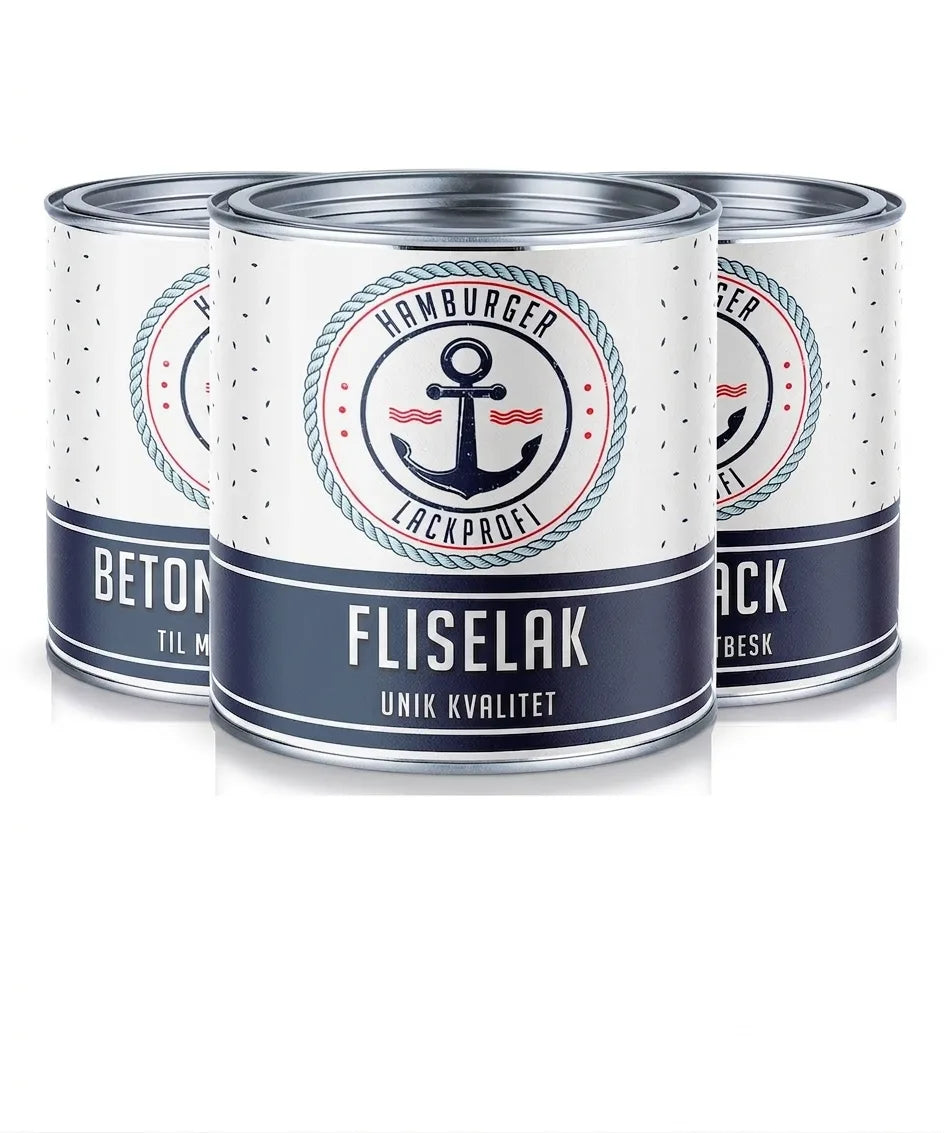 3 hvide malingspande: flise-, beton- og metalmaling fra Hamburger Lackprofi med nautisk ankerlogo.