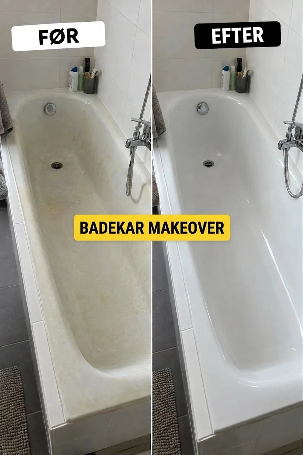Sammenligningsbillede: før og efter renovering af badekar. Gammelt, snavset badekar forvandlet til rent og hvidt.