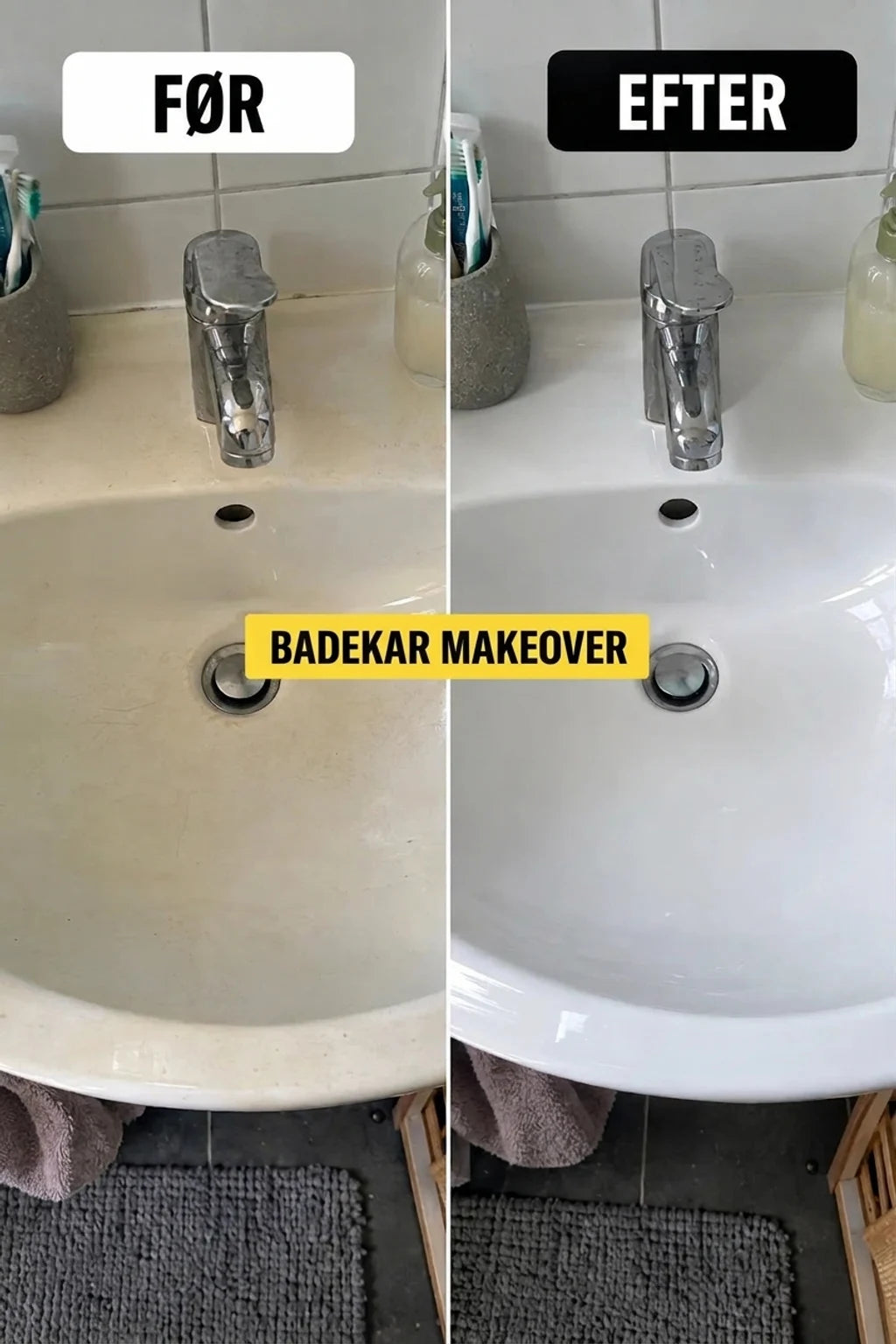 FØR og EFTER: Forvandling af badekar. Beskadiget, snavset badekar (før) og perfekt rent, hvidt (efter renovering).