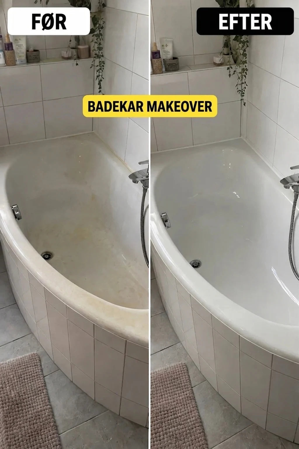 FØR og EFTER: Forvandling af gammelt, gulligt badekar til ren og skinnende hvid. Fornyelse af badeværelset.