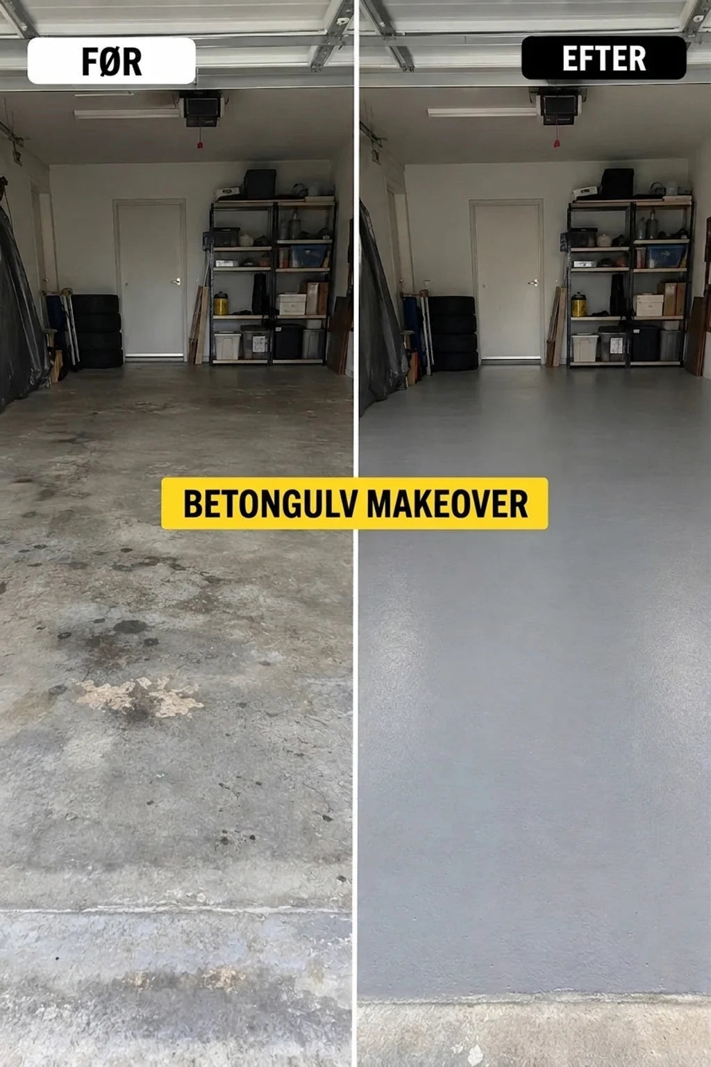 Før og efter renovering af betongulv i garage, fra snavset og plettet til ren og grå.