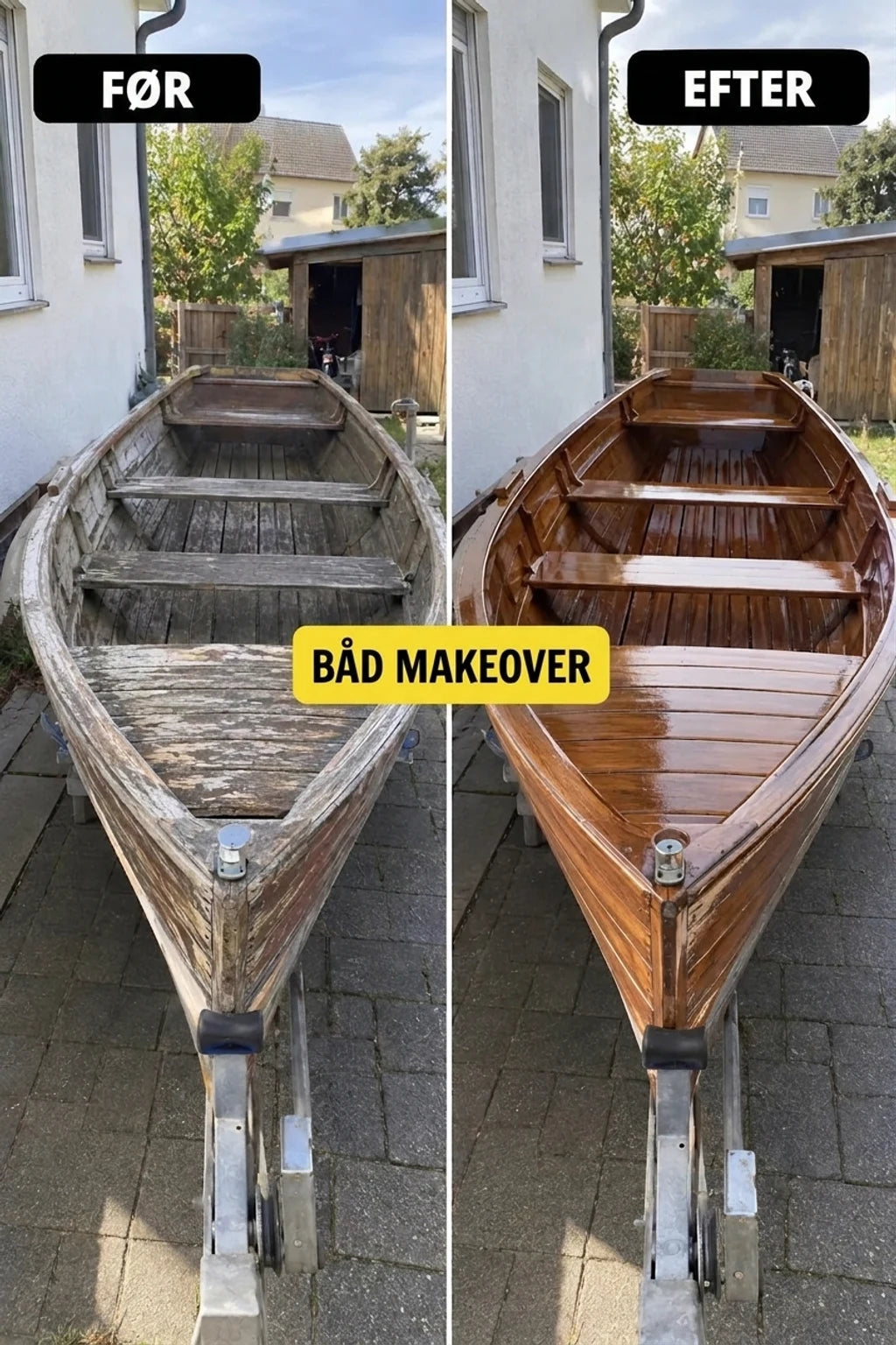 Træbåd før og efter renovering. Til venstre gammel og beskadiget, til højre fornyet og skinnende.