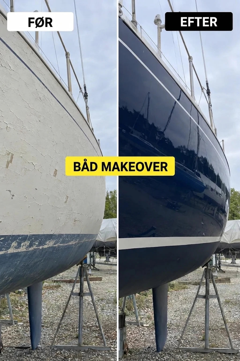 Yacht før og efter renovering. Før: afskallende hvid skrog. Efter: skinnende mørkeblå skrog med hvid stribe.