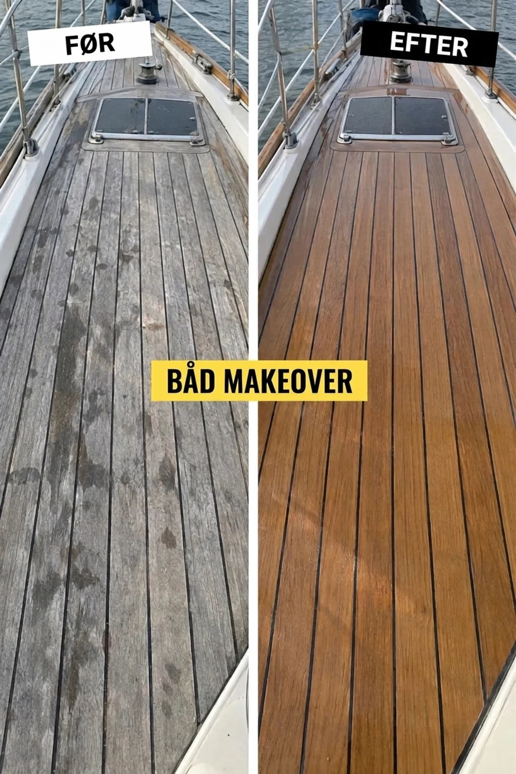 Sammenligningsbillede: bådens dæk før (gråt, beskadiget) og efter (brunt, opfrisket teak) renovering.