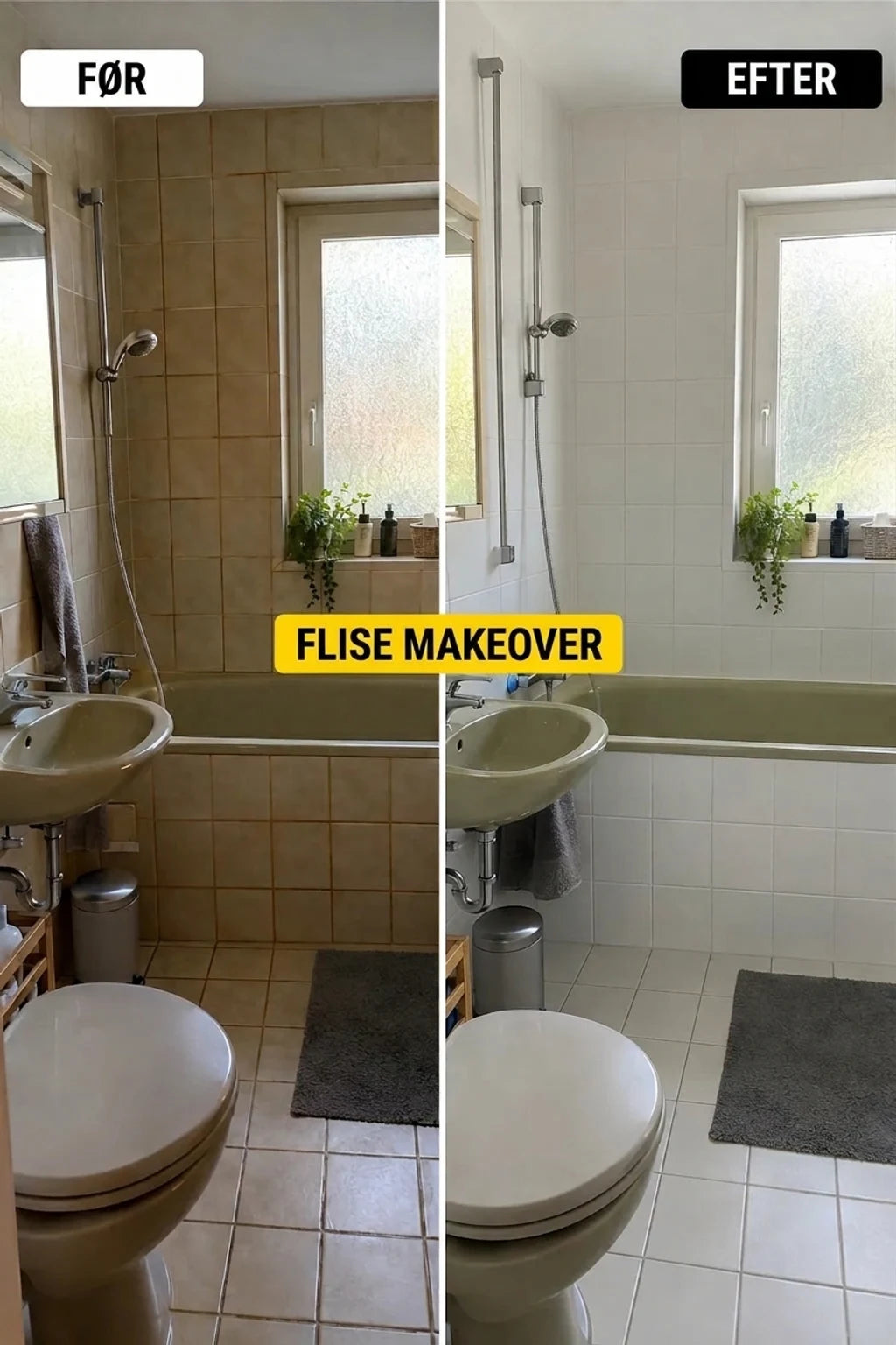 Badeværelse før og efter forvandling: gamle beige fliser blev erstattet af lyse hvide, hvilket opfriskede interiøret.