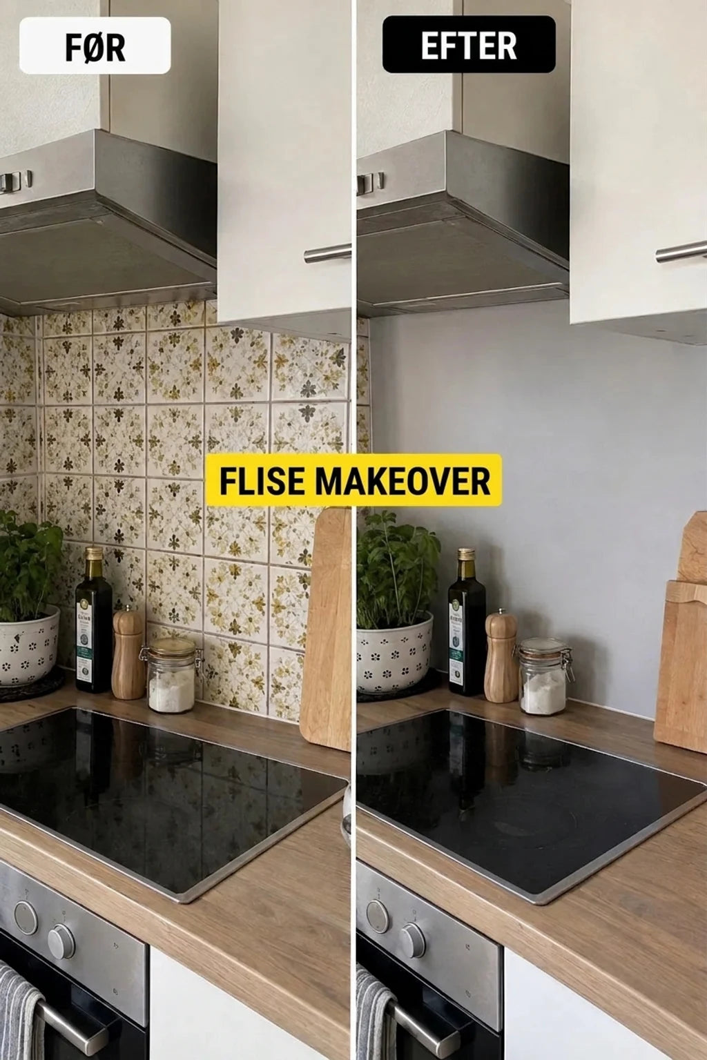Sammenligning før og efter renovering af køkken: gamle fliser erstattet af glat, grå væg over bordpladen.