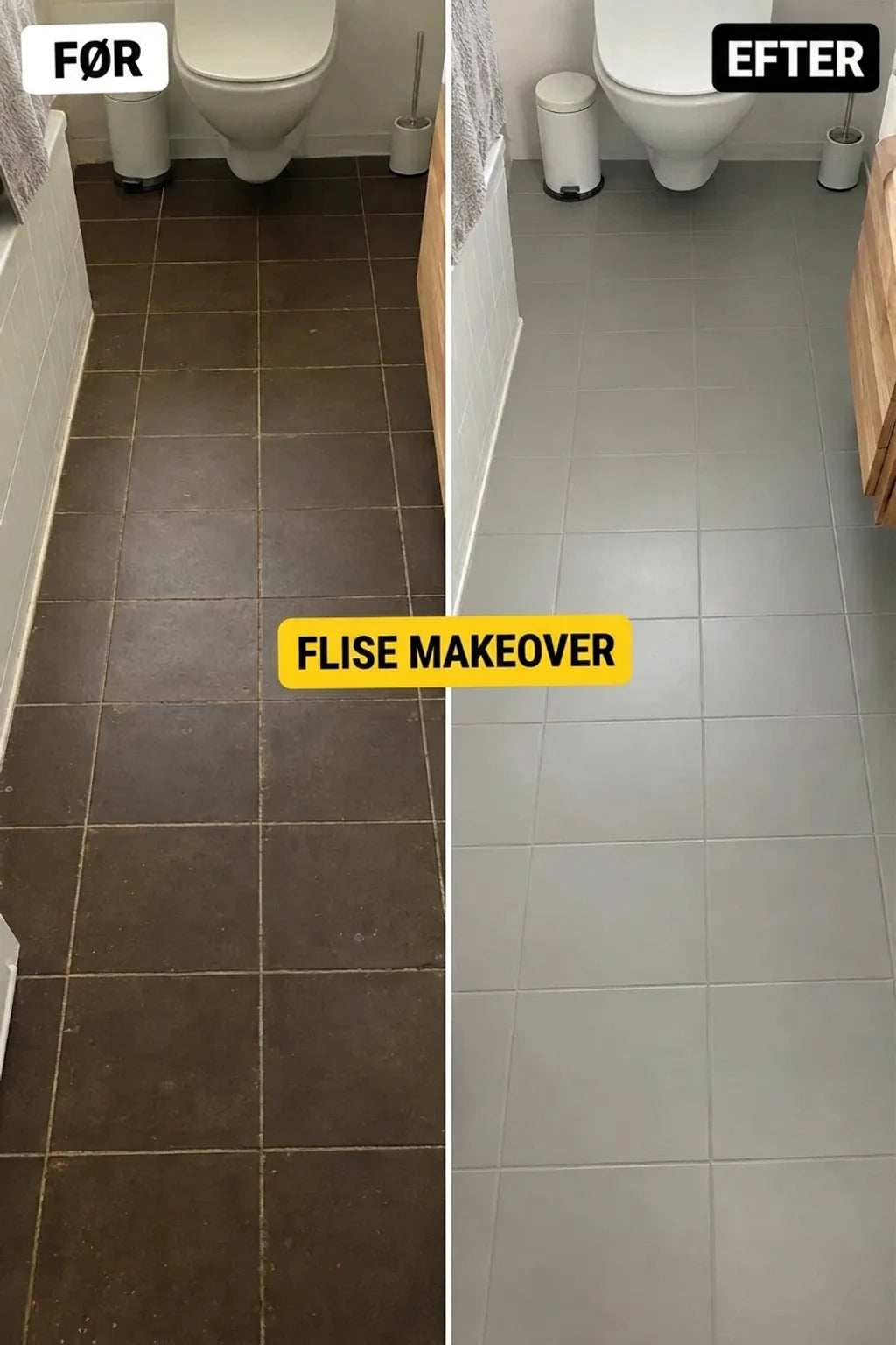 Renovering af badeværelsesfliser: sammenligning før og efter. Gamle, mørke fliser ændret til nye, lysegrå.