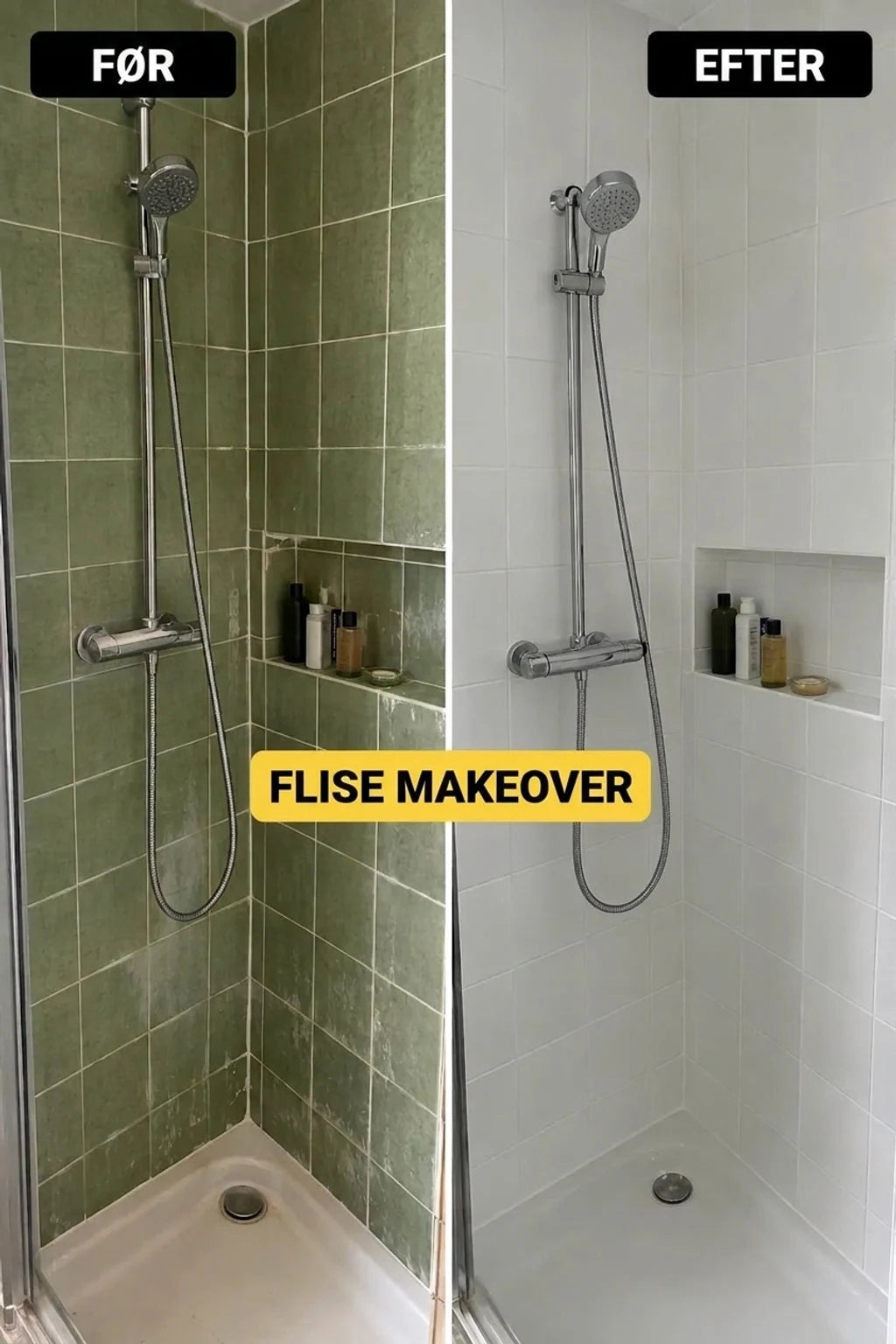 Før og efter forvandling af fliser i bruseren: gamle grønne fliser ændret til nye, hvide.