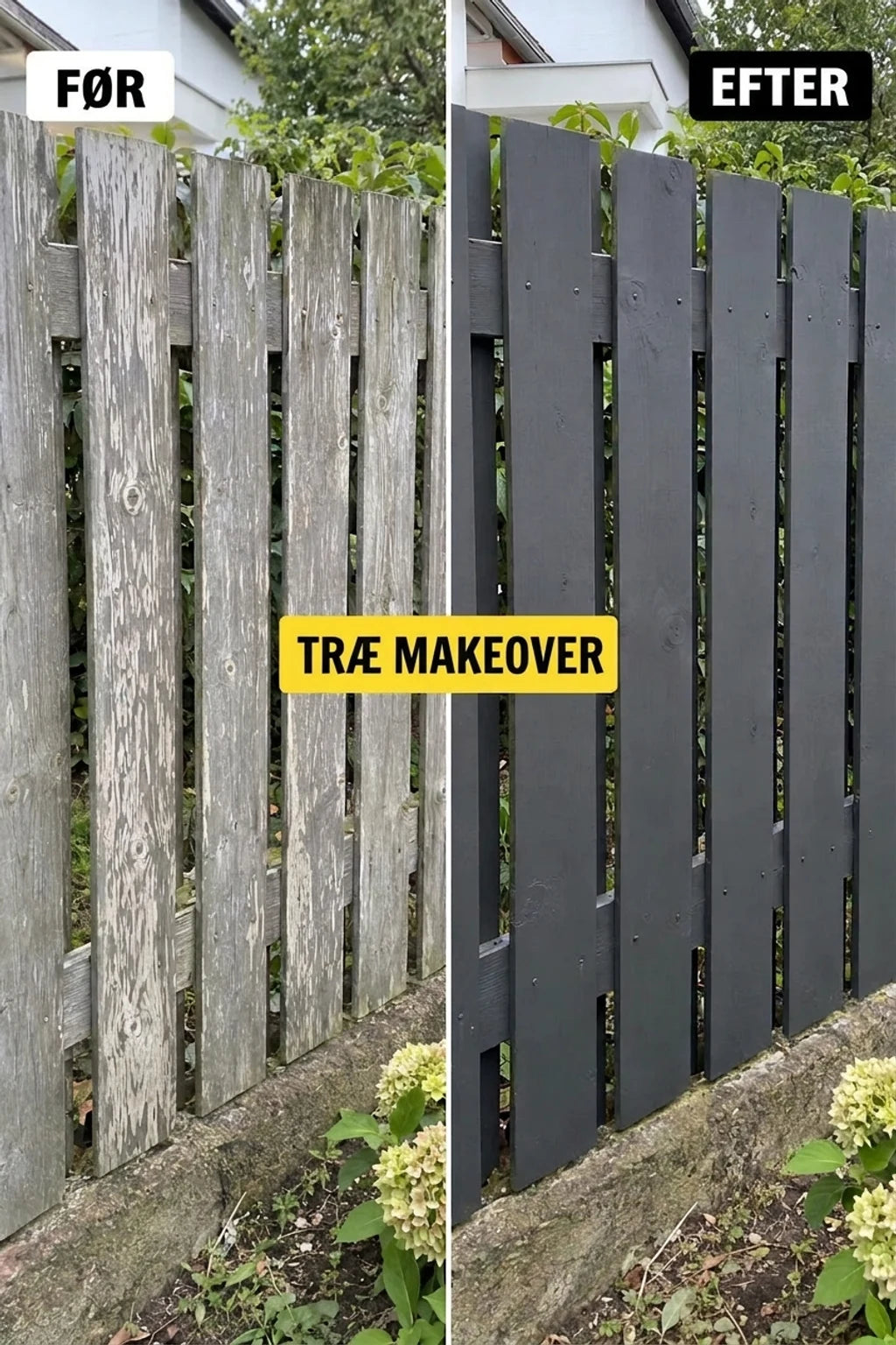 Træhegn: før renovering (gråt, falmet) og efter maling (mørkegrå, fornyet).