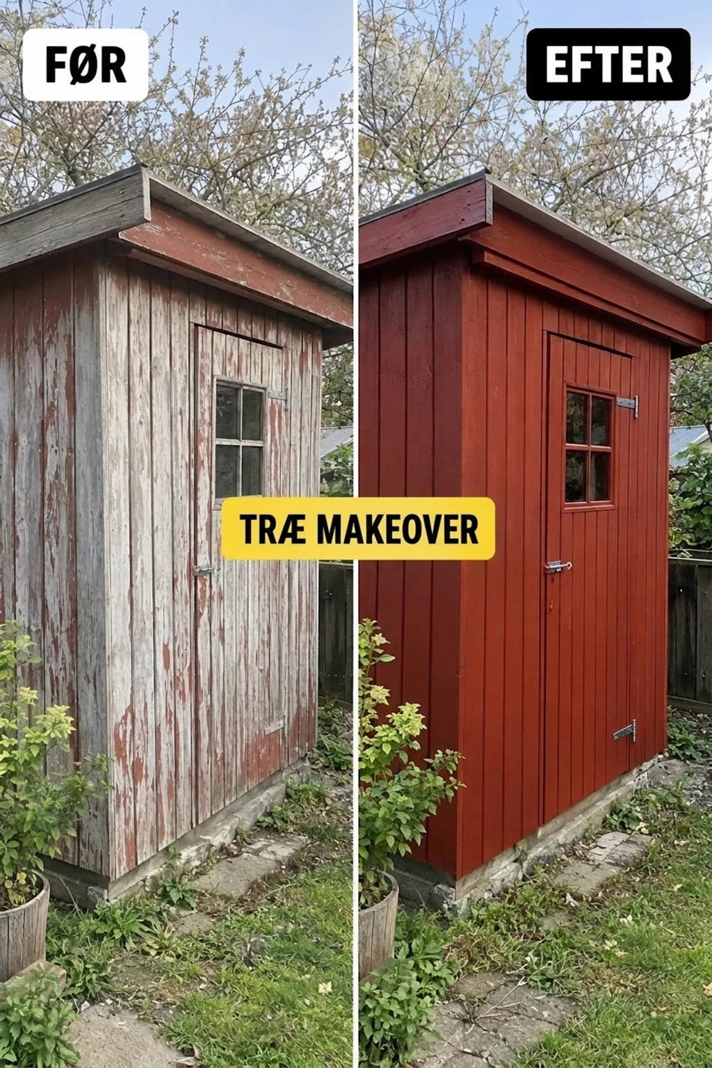 FØR og EFTER: Renovering af træskur med afskallende maling til nymalet intensiv rød.