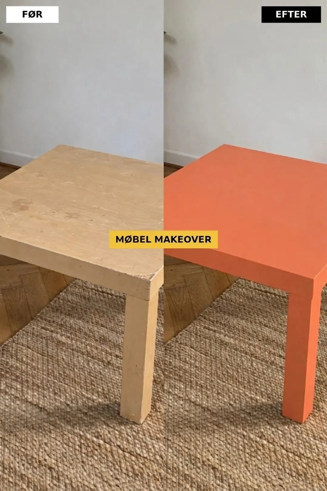 Før og efter renovering: Beskadiget lyst træbord forvandlet til et moderne, orange bord.
