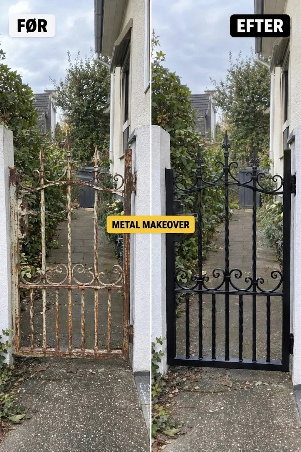 Renovering af gammel, rusten metalport: før og efter, fra rust til elegant sort.