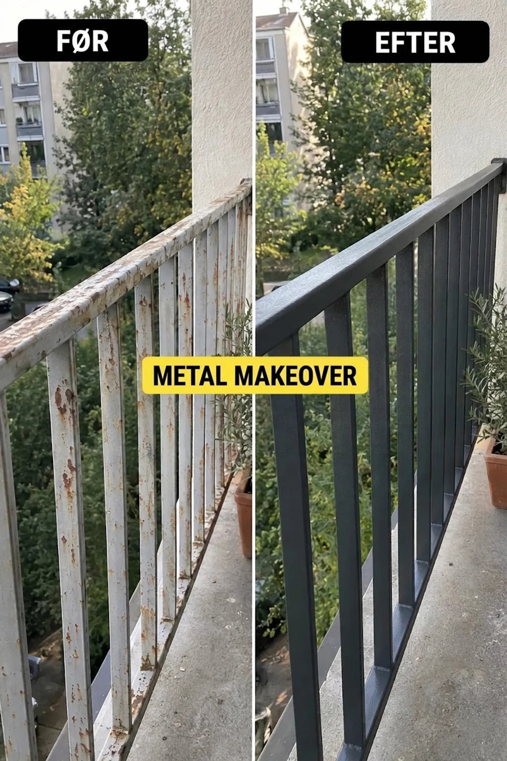 Før og efter: rusten, gammel metalbalustrade på altanen og fornyet, malet i mørkegrå.