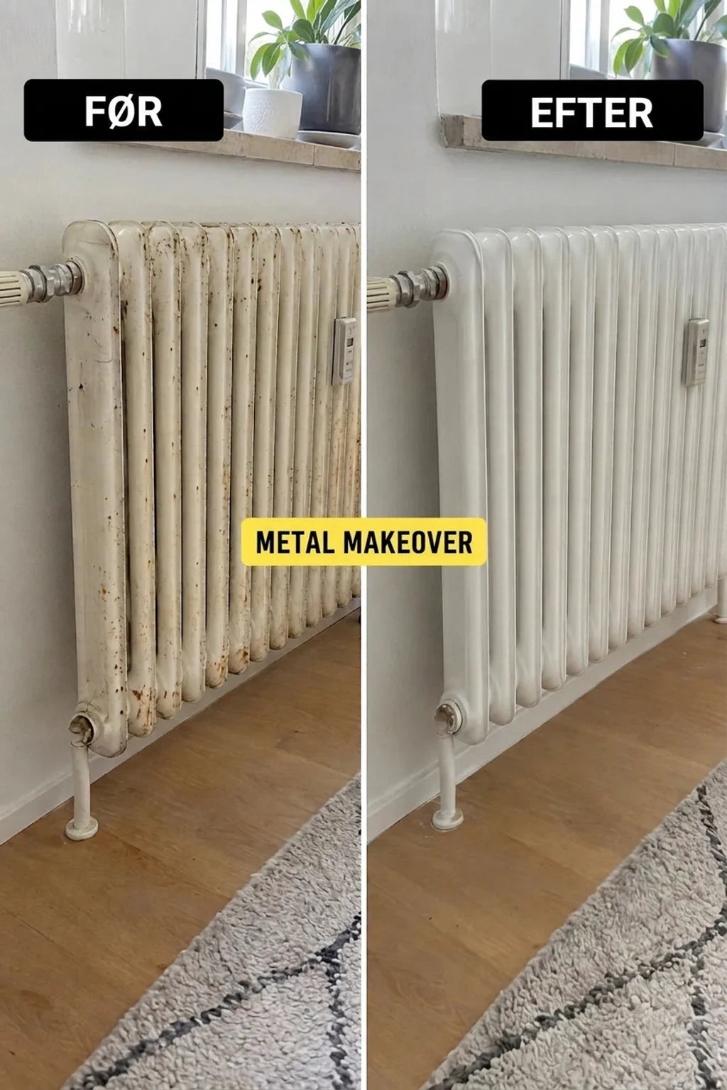 Før og efter: sammenligning af gammel, rusten hvid radiator med nymalet, ren radiator.