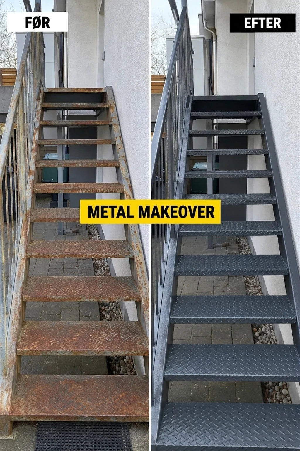 FØR og EFTER: Rustne metaltrin fornyet med mørkegrå maling, ser ud som nye.