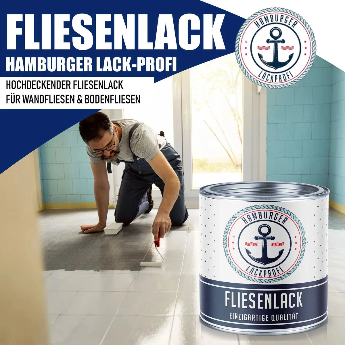 Hamburger Lack-Profi fliseemaling med høj dækkeevne til væg- og gulvfliser. Mand maler gulvfliser hvide.