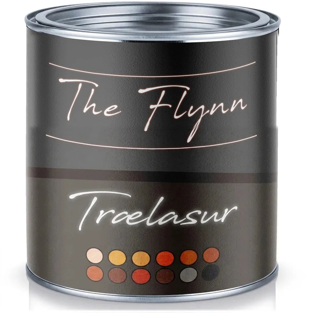 Malingsdåse med 'The Flynn' træbejdse og farveprøver. Perfekt til træbeskyttelse og finish.