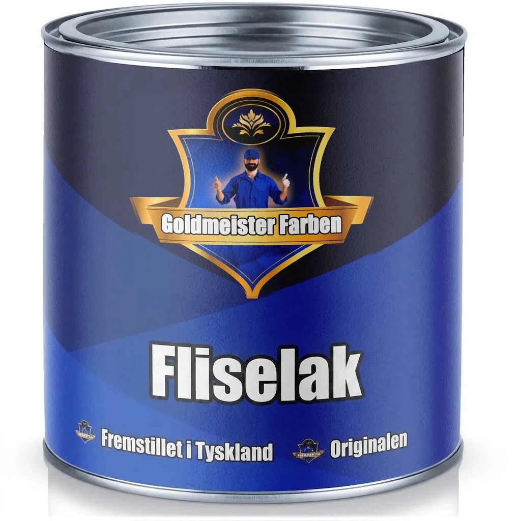 Blå Goldmeister Maling fliselak dåse med en mand der giver tommelfinger op, teksten 'Made in Germany' og 'Originalen'.
