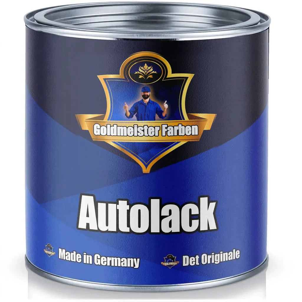 Goldmeister Farben autolakdåse i blå og guld med en mand, der giver tommelfinger op. Tekst: Autolack, Made in Germany, Das Original.