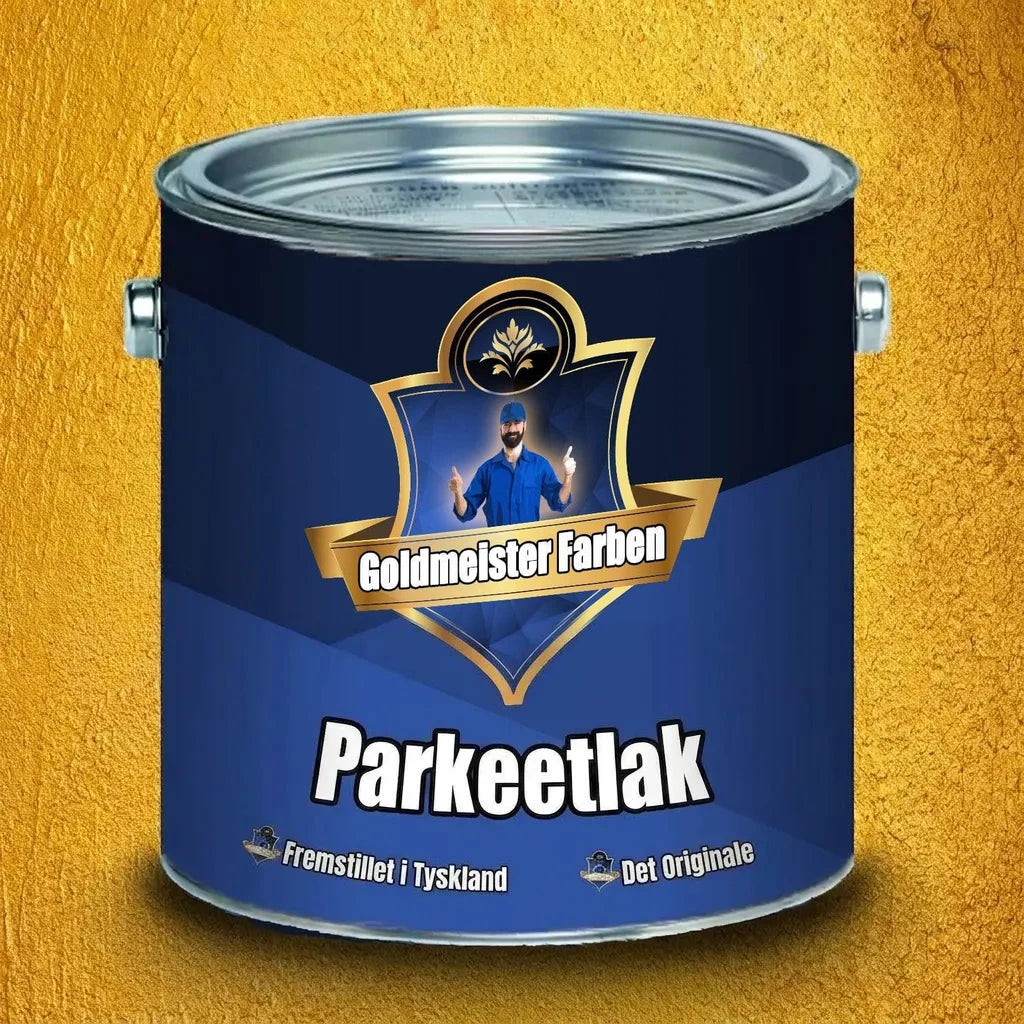 En blå dåse Goldmeister Farver Parketlak med guldlabel, der viser en mand med tommelfinger op, mod en guldfarvet baggrund.