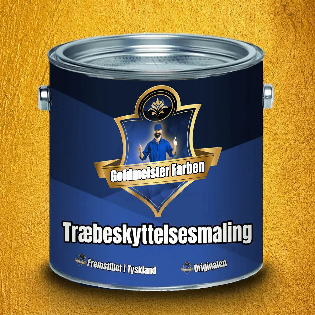 Blå malerbøtte med guldetiket og tekst for Goldmeister Farben træbeskyttelsesmaling, Made in Germany.