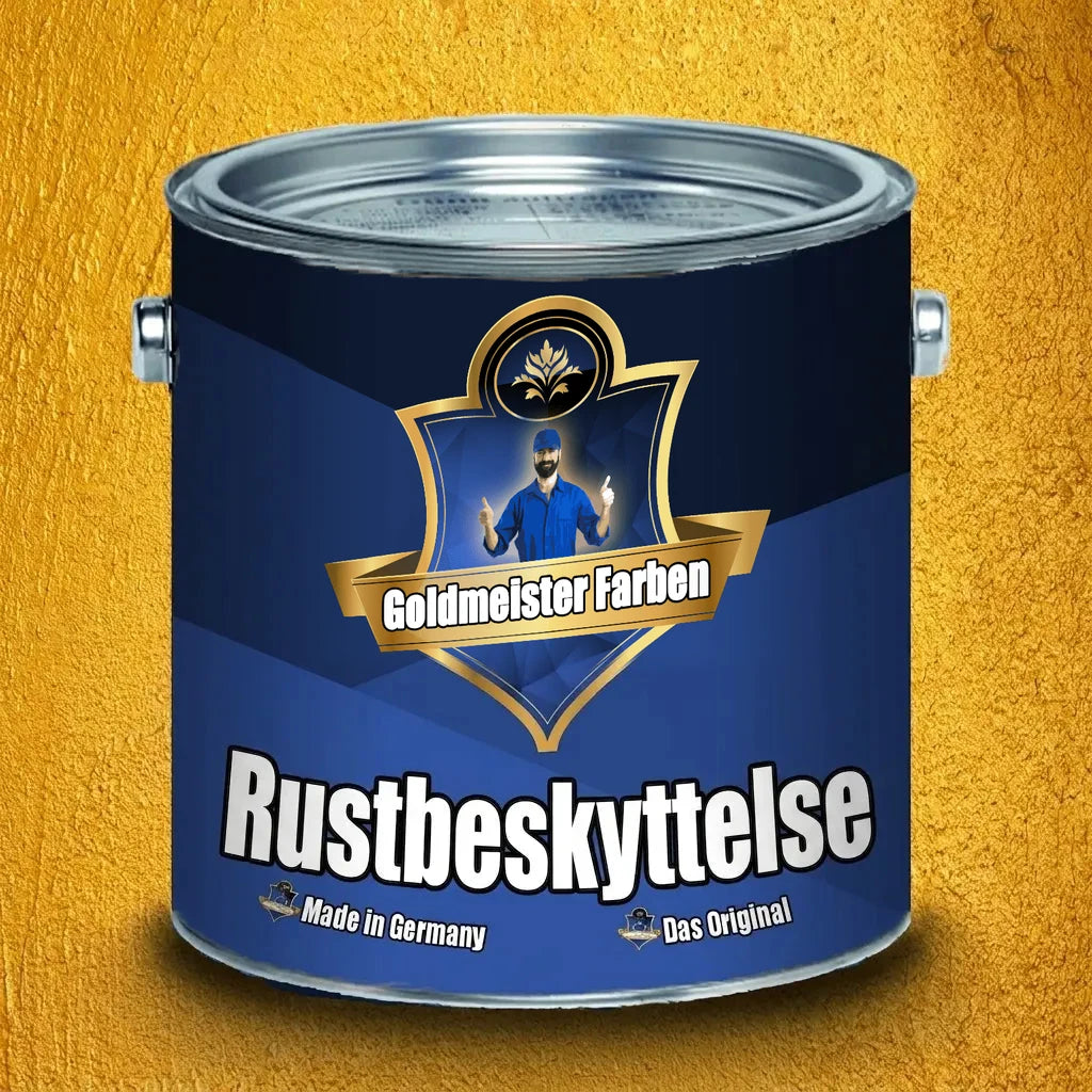 Blå Goldmeister Farben malingsdåse til rustbeskyttelse. Guld-etiket med mand der giver tommelfinger op. Fremstillet i Tyskland.