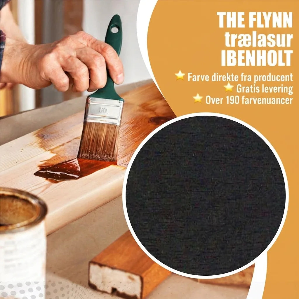 Flynn trælasur i ibenholt farve. En person maler træ. Fordele: direkte fra producent, gratis fragt, over 190 farver.