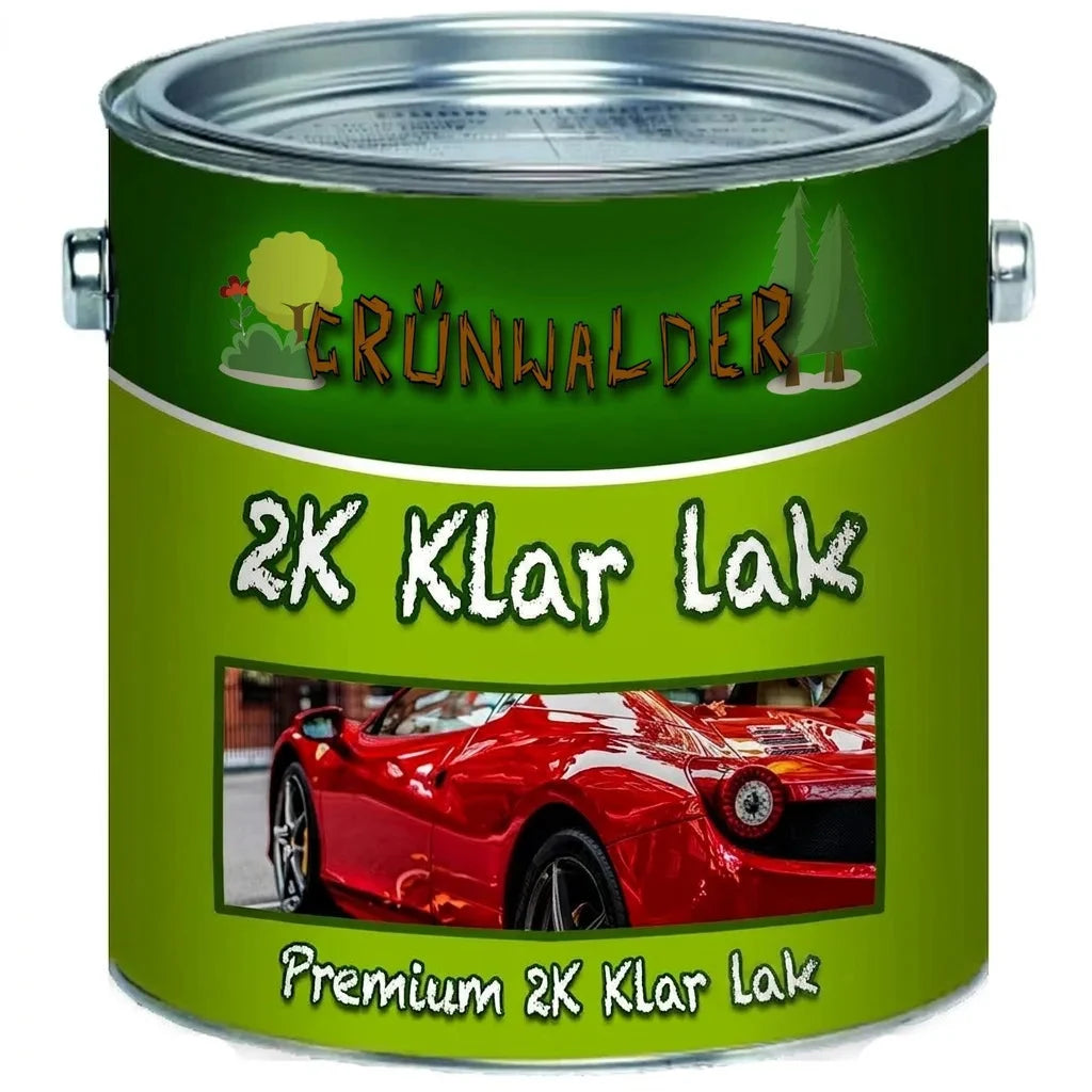 Grünwalder Premium 2K klarlak i dåse, med billede af en rød sportsvogn. Høj kvalitet klarlak.