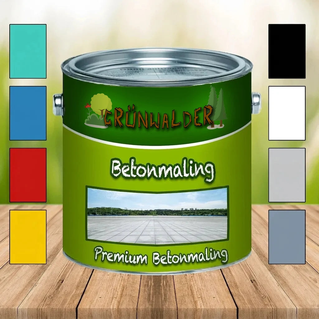 Grünwalder Premium Betonmaling dåse med farveprøver i forskellige nuancer på træbord.