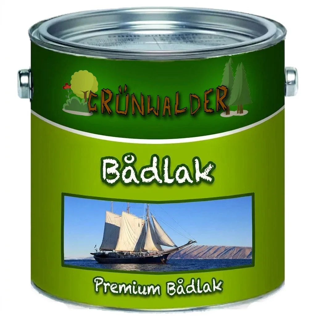 Grünwalder Premium Bådlak dåse med billede af sejlbåd på etiketten
