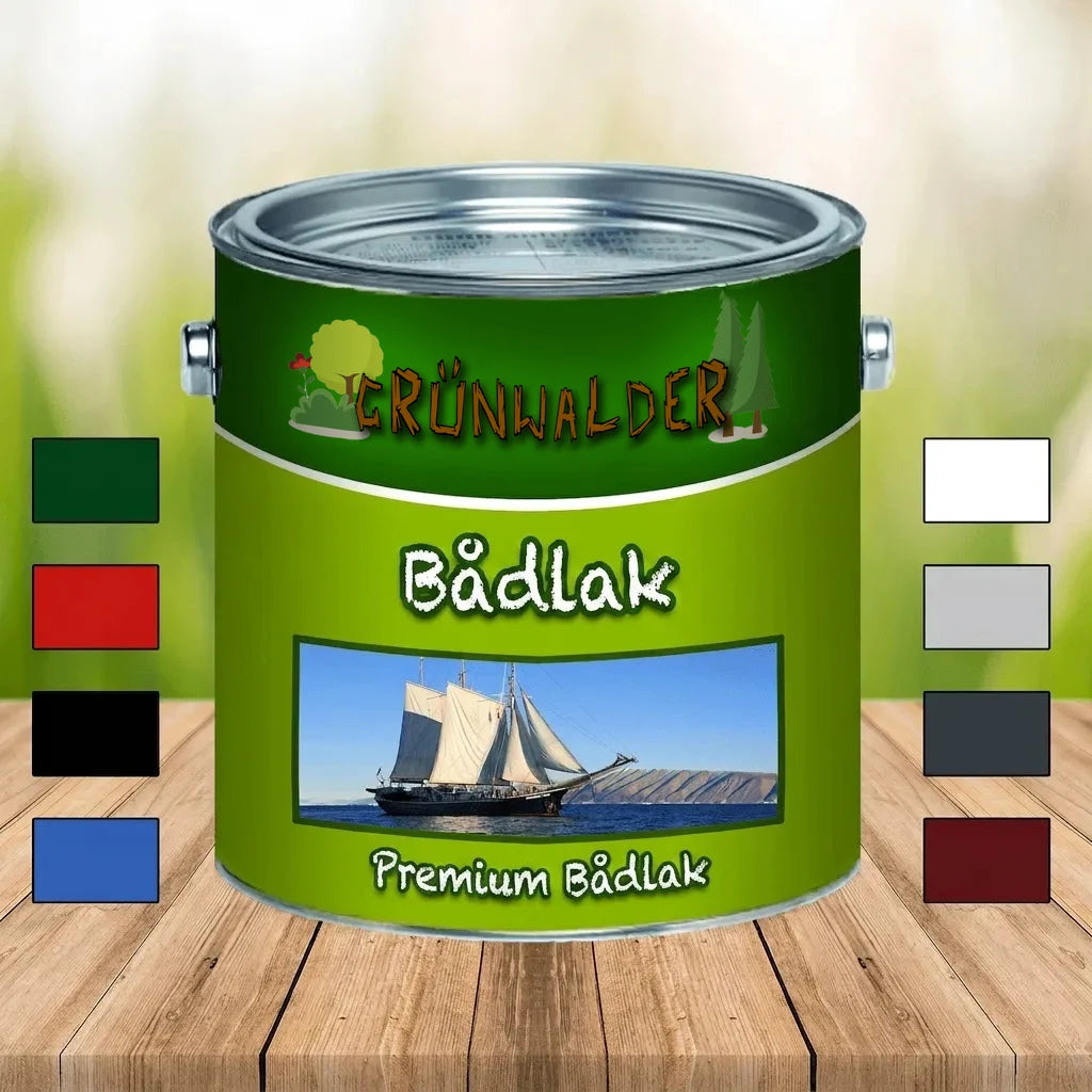 GRÜNWALDER Premium Bådelak. Malerbøtte med sejlbåd illustration og farveprøver til træbåde.