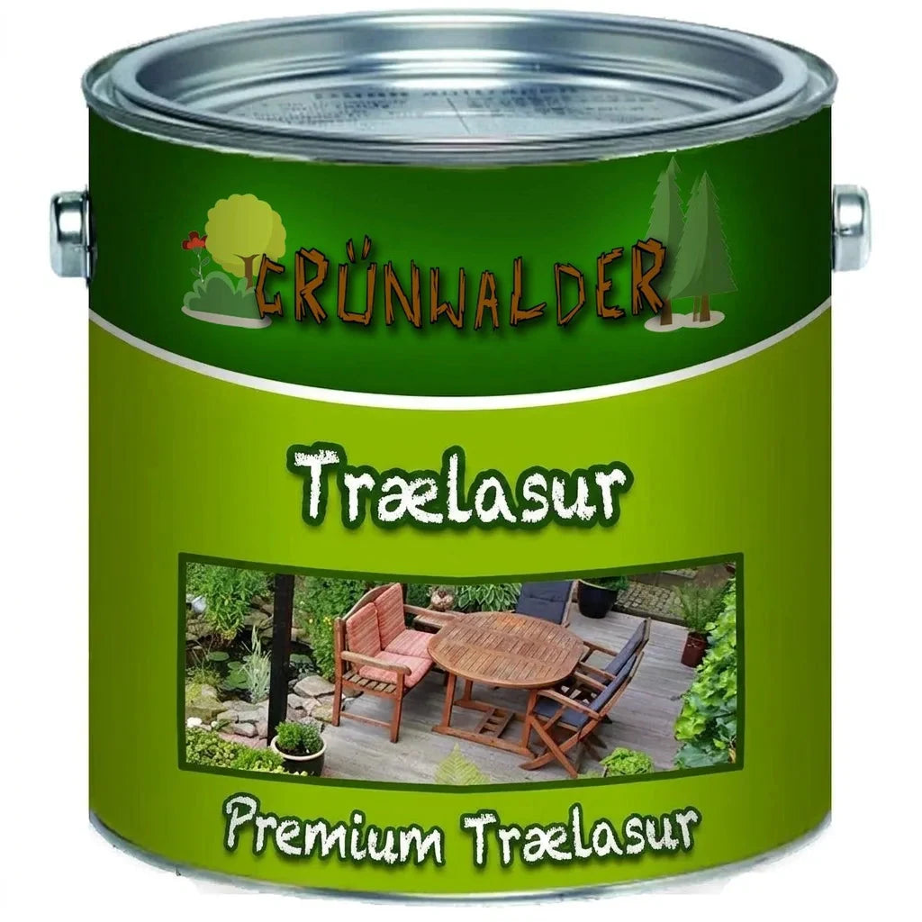 Malingdåse til Grünwalder Premium Trælasur. Etiketten viser have med træmøbler.
