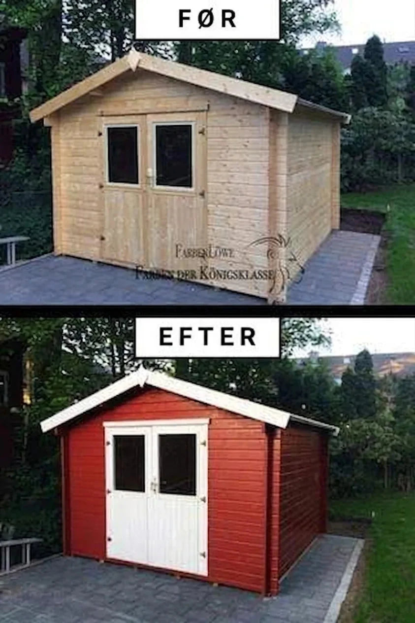 Før og efter billeder af et havehus i træ, der er blevet malet rødt med hvide døre og vinduesrammer.