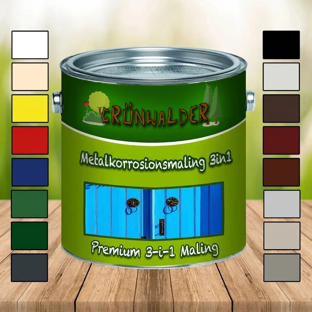 Grünwalder 3-i-1 metalbeskyttelsesmaling med farvepalet på træbord. Premium maling.