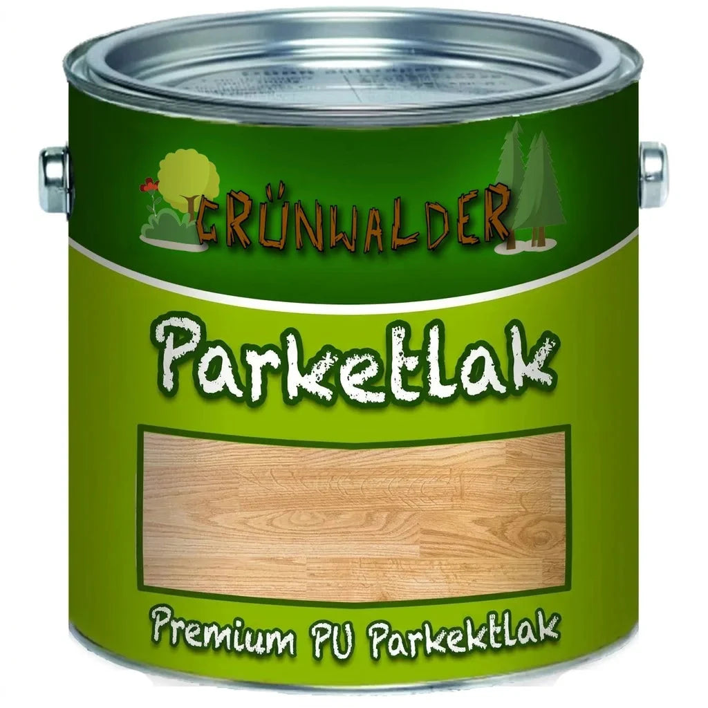 Grünwalder Premium PU parketlak i en grøn dåse, med billede af trægulv på etiketten.