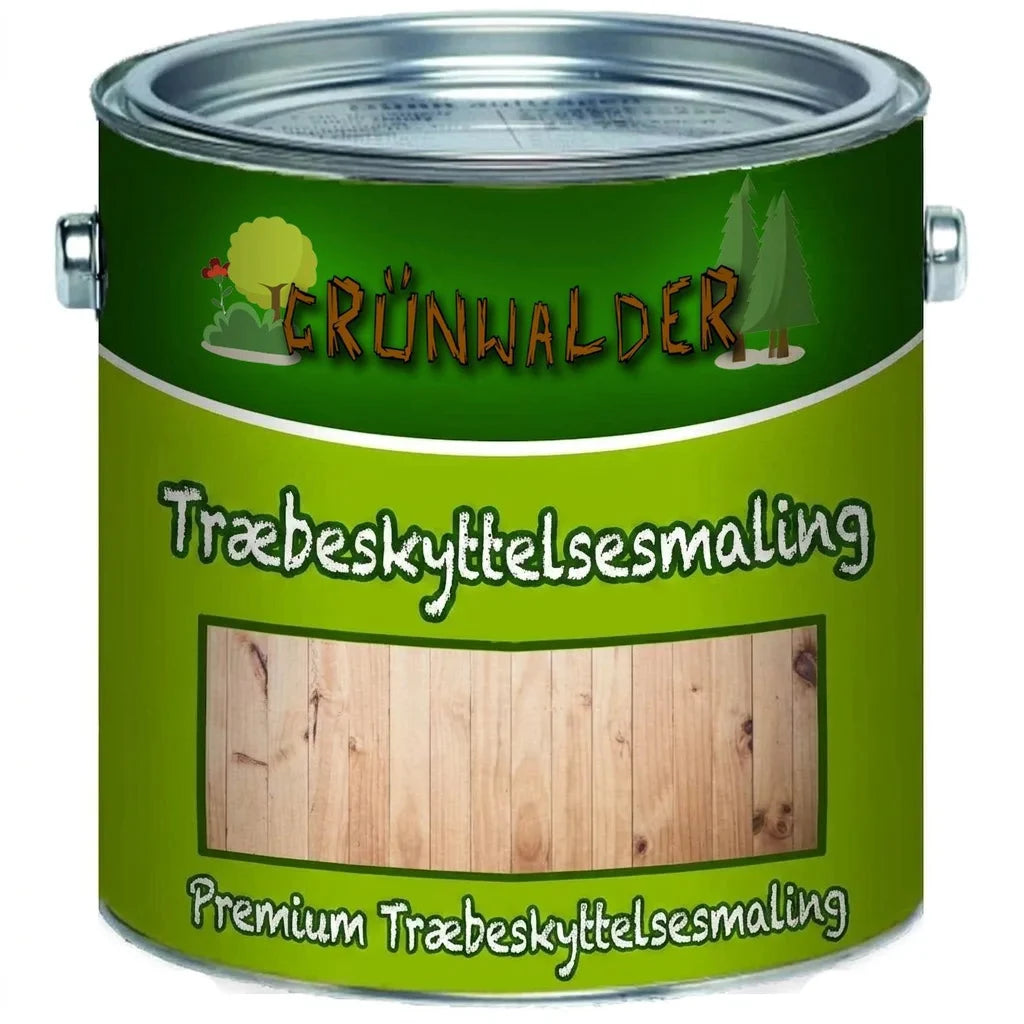 Grünwalder træbeskyttelsesmaling. Grøn dåse med premium træbeskyttelsesfarve og træstrukturprøve.