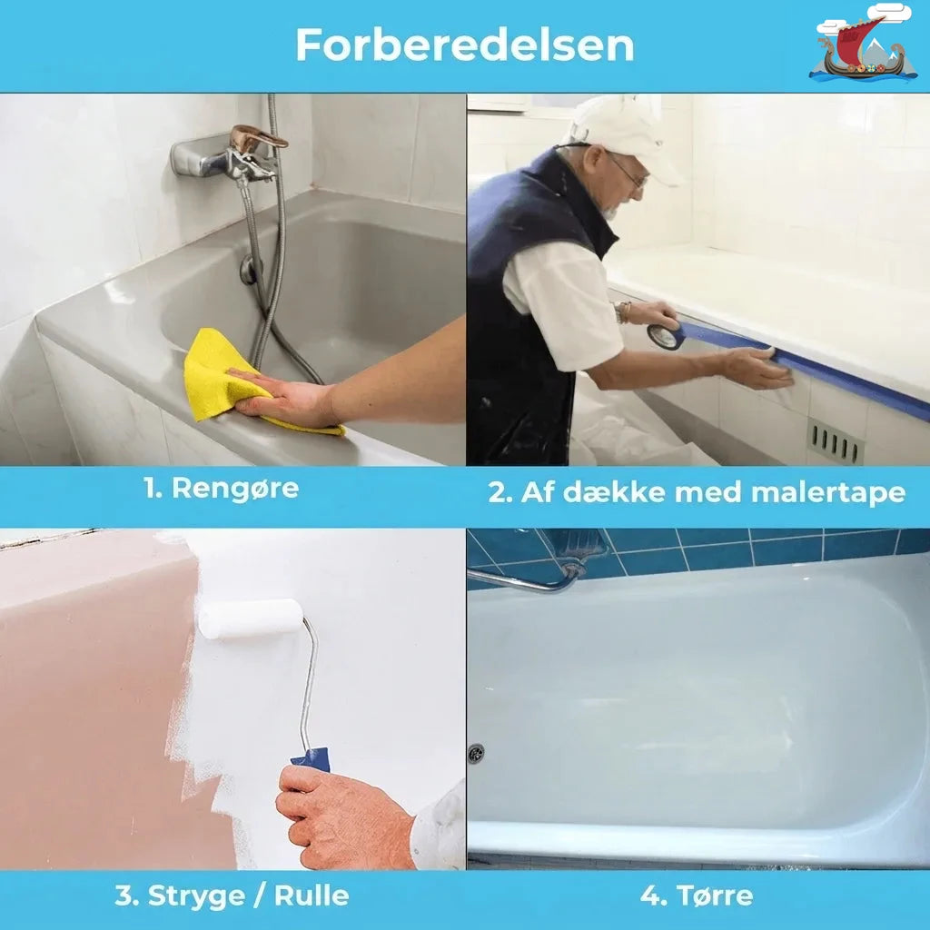 Trin-for-trin guide til renovering af badekar: rengøring, afdækning, maling og tørring.