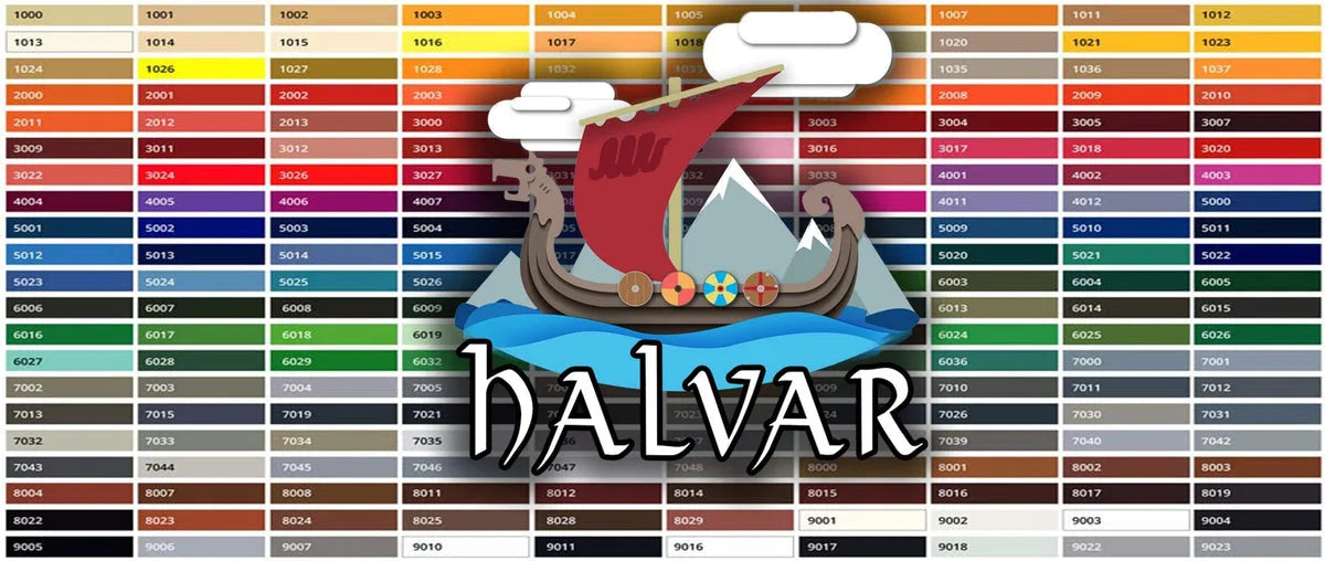En vikingeskib illustration over et RAL farvekort, med teksten 'HALVAR' foran bjerge og bølger.