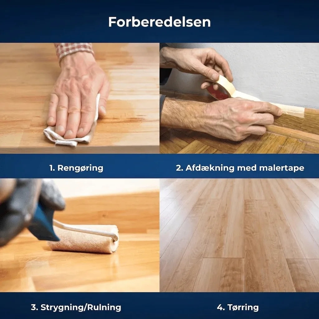 Forberedelse af trægulv i 4 trin: rens, tape af, påfør, tør.
