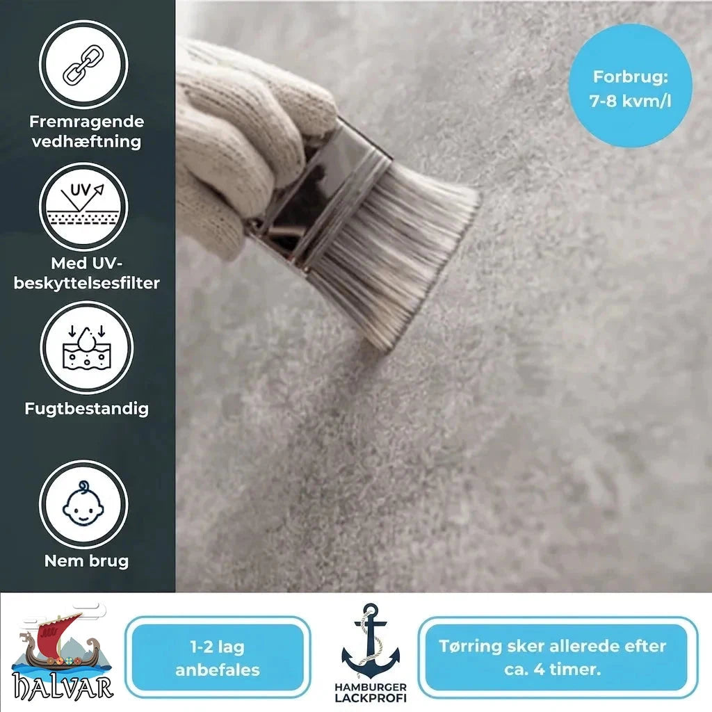 Produktinfo: Coating med høj vedhæftning, UV-filter, fugtbestandig. Forbrug 7-8 m²/l, 1-2 lag, tør på 4 timer.