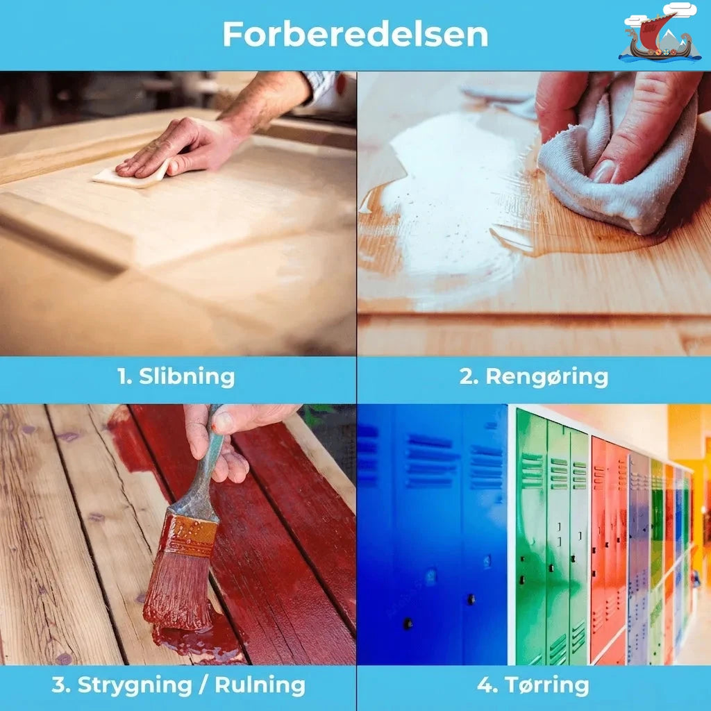 Forberedelse: 4 trin guide med slibning, rengøring, maling/rulning af træ og genstande samt tørring.