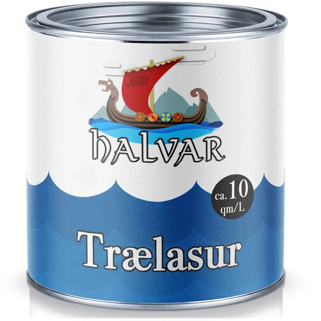 Halvar trælasur i metaldåse med vikingeskibsmotiv. Rækker ca. 10 kvm/L til træoverflader.