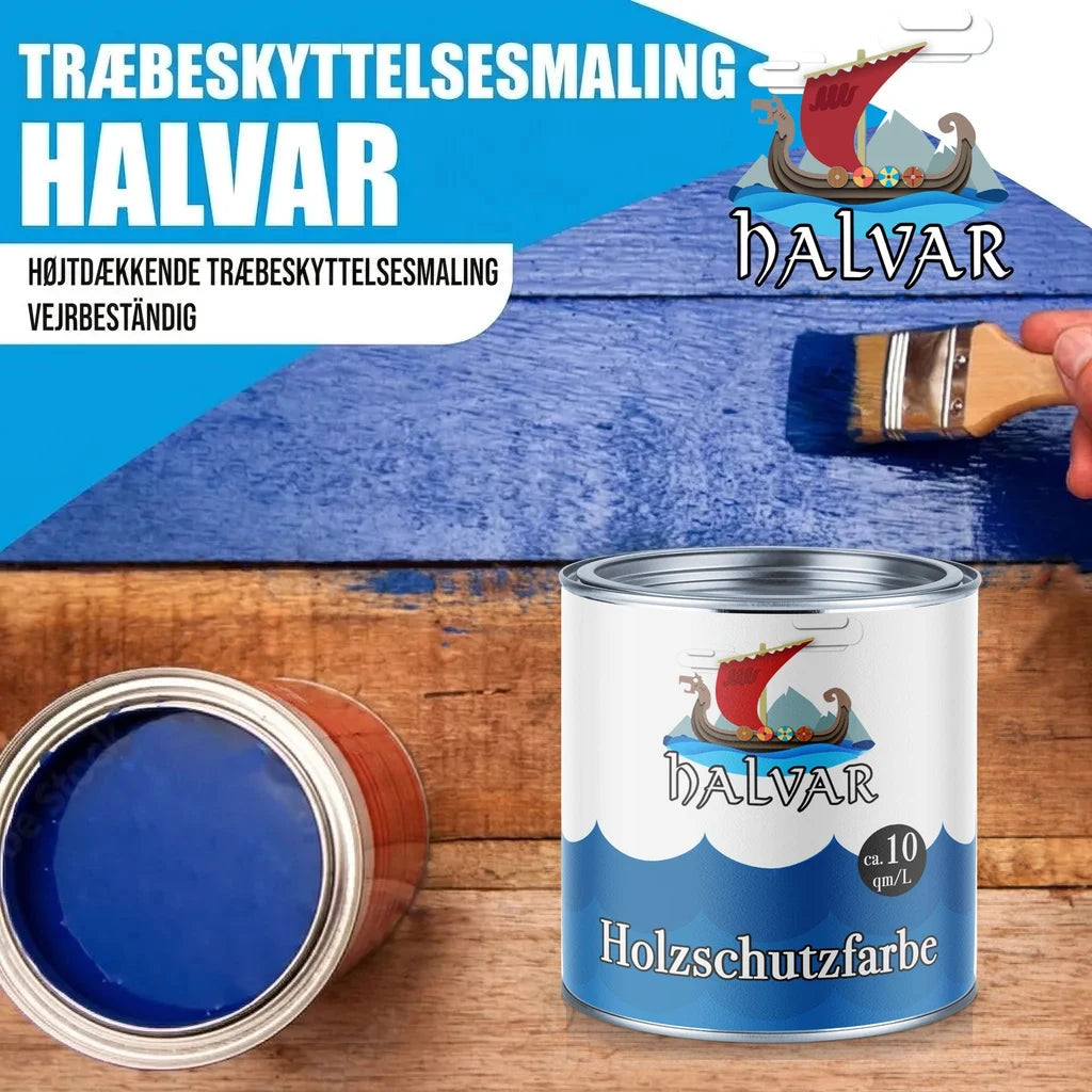 Halvar træbeskyttelsesmaling i blå farve. En åben dåse og en lukket dåse med "Holzschutzfarbe".
