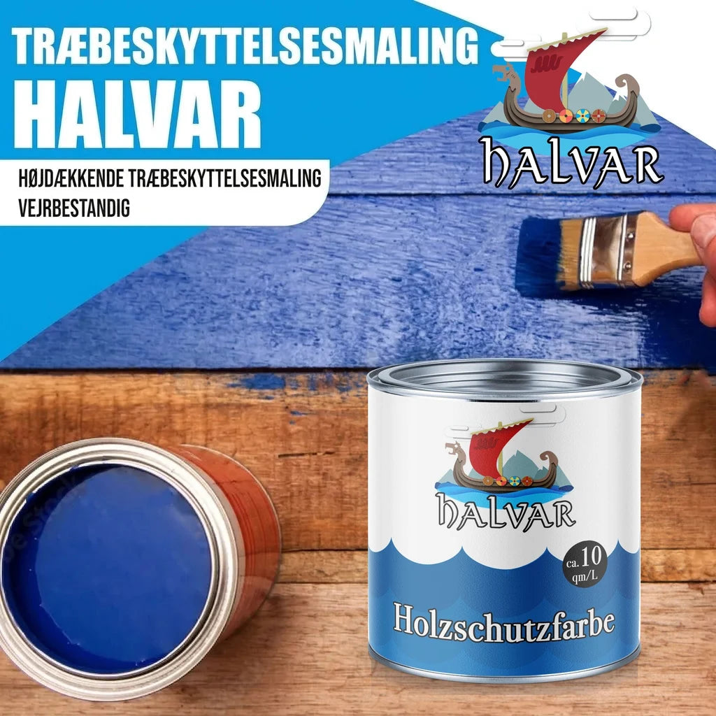 Halvar træbeskyttelsesmaling i blå farve. En hånd maler træ med "Holzschutzfarbe" fra Halvar.