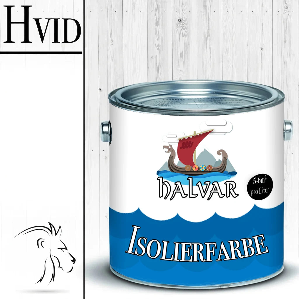 Hvid Halvar "ISOLIERFARBE" malingdåse med vikingeskib og "5-6m² pro Liter" mærkning.