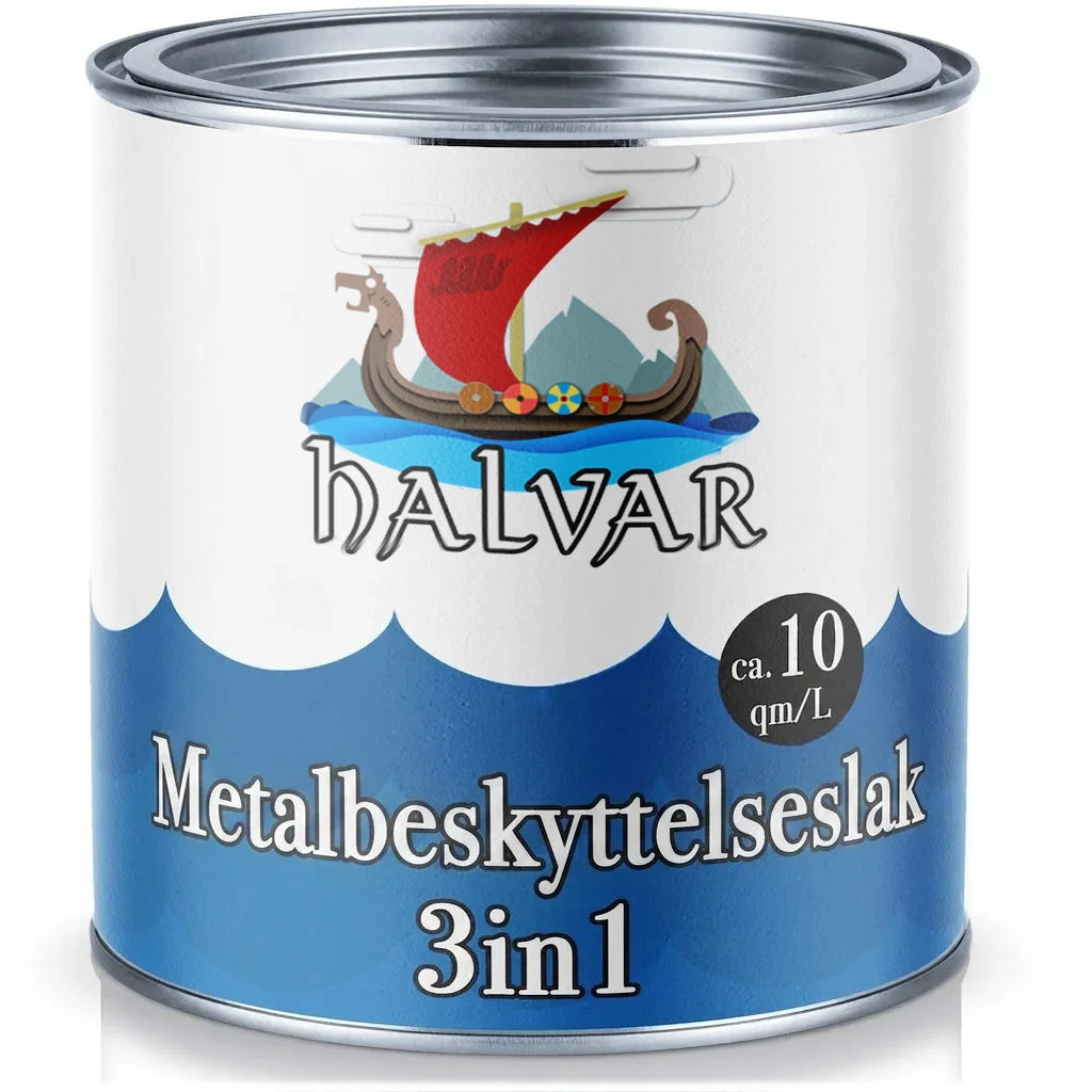 Halvar metalbeskyttelseslak 3-i-1 dåse, ca. 10 kvm/L. Med vikingeskib logo.