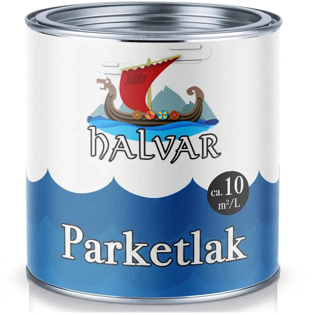 Dåse med Halvar Parkettlack gulvlak, ca. 10 kvm/L, med vikingeskibsmotiv.