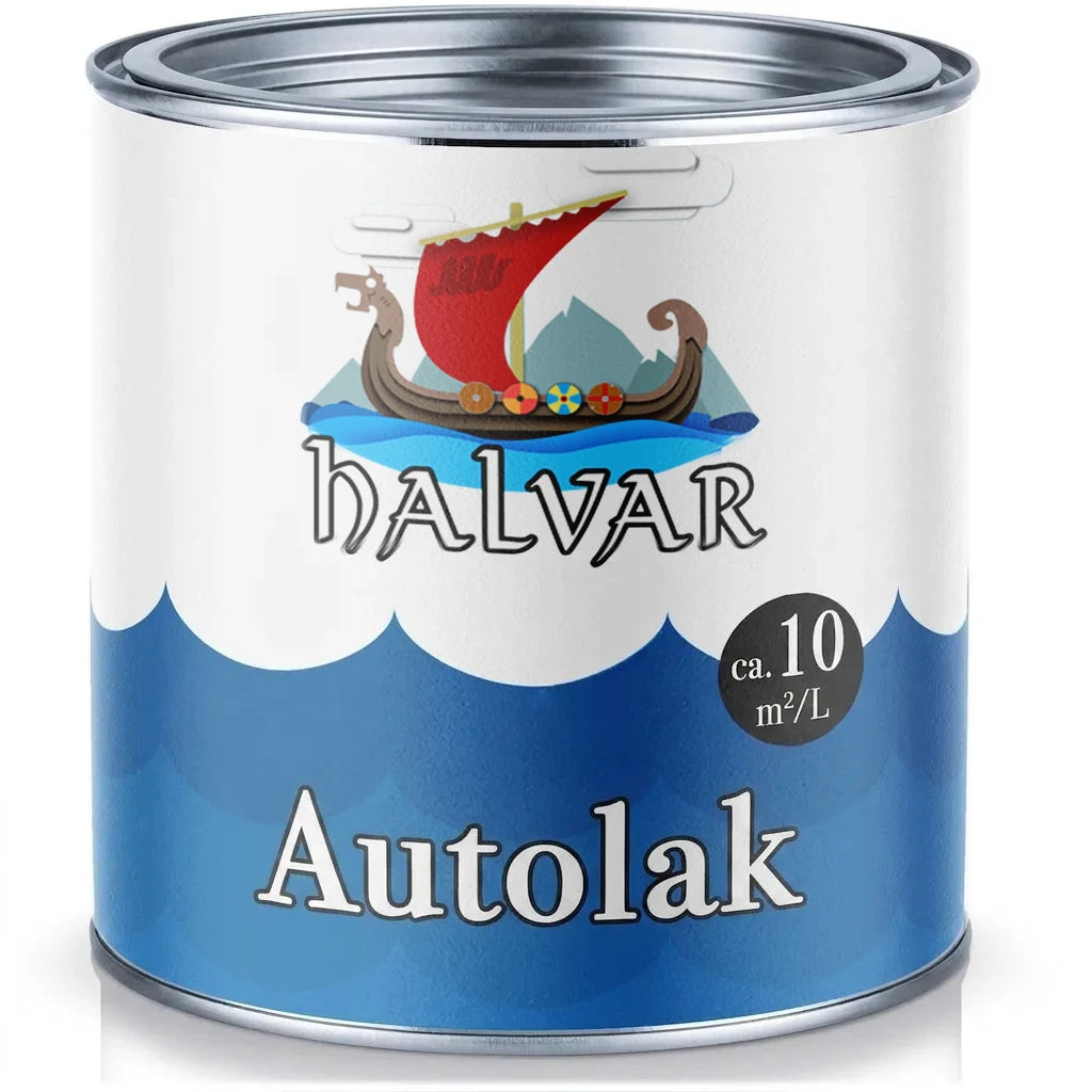 Halvar billak dåse med vikingeskibslogo og blå bølger. Etiket viser dækkeevne ca. 10 kvm/L.